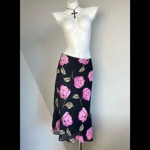 Vintage Whimsigoth Floral Black and Pink Romantic Midi Skirt M
